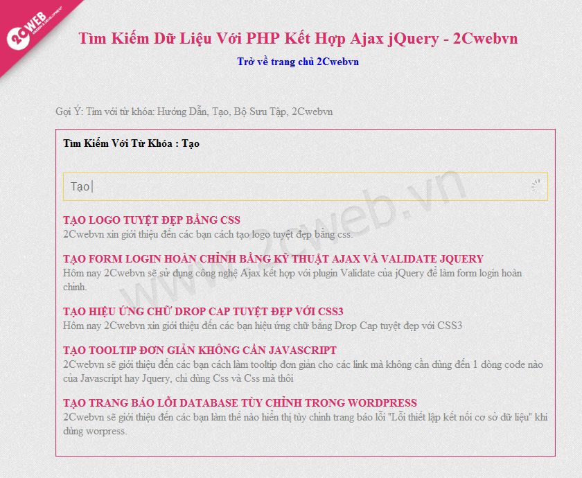 Tìm Kiếm Dữ Liệu Với PHP Kết Hợp Ajax jQuery - 04 - 2Cwebvn