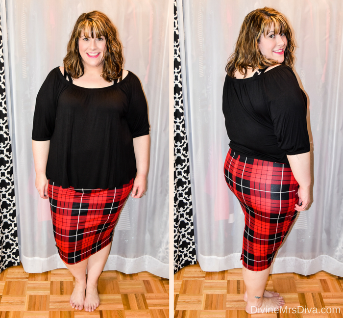 In today's post Hailey reviews a variety of clothing from recent purchases.  Brands include Target, Torrid, Lane Bryant, Slink Jeans, Addition Elle, Eloquii, ModCloth, SWAK Designs, Old Navy, and more.( Torrid Plaid Ponte Pencil Skirt)- DivineMrsDiva.com #Target #TargetStyle #Torrid #TorridInsider #LaneBryant #Slinkjeans #additionelle #eloquii #XOQ #Modcloth #swakdesigns #oldnavy #psblogger #plussizeblogger #styleblogger #plussizefashion #plussize #plussizeclothing #fittingroom