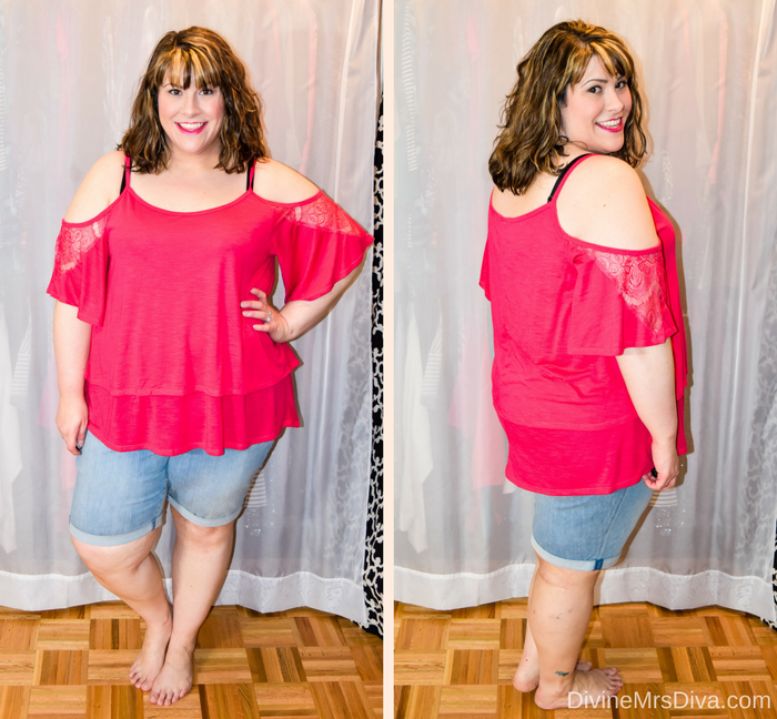 In today's post Hailey reviews a variety of clothing from recent purchases.  Brands include Target, Torrid, Lane Bryant, Slink Jeans, Addition Elle, Eloquii, ModCloth, SWAK Designs, Old Navy, and more.( Torrid Lace Trim Cold Shoulder Top)- DivineMrsDiva.com #Target #TargetStyle #Torrid #TorridInsider #LaneBryant #Slinkjeans #additionelle #eloquii #XOQ #Modcloth #swakdesigns #oldnavy #psblogger #plussizeblogger #styleblogger #plussizefashion #plussize #plussizeclothing #fittingroom