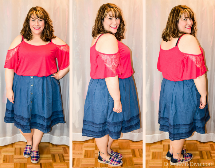In today's post Hailey reviews a variety of clothing from recent purchases.  Brands include Target, Torrid, Lane Bryant, Slink Jeans, Addition Elle, Eloquii, ModCloth, SWAK Designs, Old Navy, and more.( Eloquii Button Up Denim Skirt)- DivineMrsDiva.com #Target #TargetStyle #Torrid #TorridInsider #LaneBryant #Slinkjeans #additionelle #eloquii #XOQ #Modcloth #swakdesigns #oldnavy #psblogger #plussizeblogger #styleblogger #plussizefashion #plussize #plussizeclothing #fittingroom