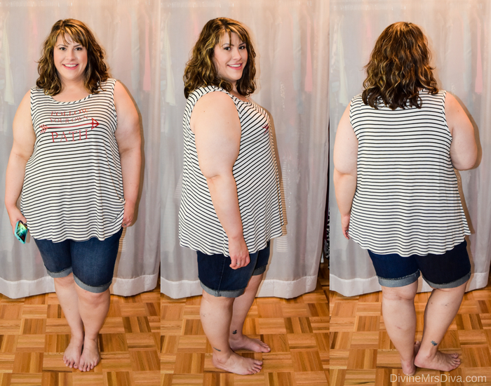 In today's post Hailey reviews a variety of clothing from recent purchases.  Brands include Target, Old Navy, Eloquii, Avenue, ModCloth, Ashley Stewart, Teespring, and The Bookish Box. (Avenue Follow Your Own Path Striped Tank) - DivineMrsDiva.com #Target #TargetStyle #OldNavy #Eloquii #XOQ  #Avenue #Modcloth #ashleystewart  #psblogger #plussizeblogger #styleblogger #plussizefashion #plussize #plussizeclothing #fittingroom