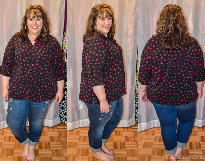 In her latest At Home Fitting Room post, Hailey reviews tops from Torrid, ThinkGeek, Her Universe, Lane Bryant, Catherines, Kohl’s, Weebox, and Custom Ink. (Catherines Lipstick Buttonfront Shirt) - DivineMrsDiva.com #LaneBryant #Torrid #TorridInsider #ThinkGeek #HerUniverse #Catherines #Kohls #Weebox #Customink #Curvychiccloset #psblogger #plussizeblogger #styleblogger #plussizecasual #plussize #fittingroom  