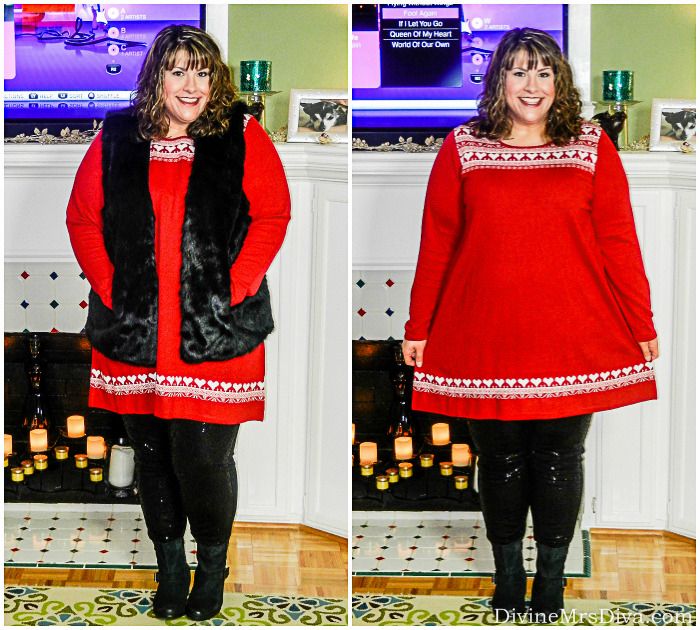 Cheers! Let's Celebrate the Holidays! - A Cozy Game Night In (Hailey is wearing the black sequin ponte leggings, red and white alpine tunic, and black faux fur gilet - all from Yours Clothing.) - DivineMrsDiva.com #YoursClothing #outfit #psootd #ootd #plussizefashion #plussizeholiday #gamenight #holidaydecor #Christmas #party  