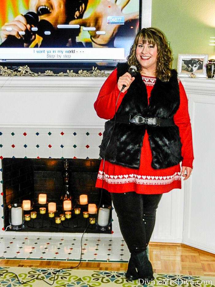 Cheers! Let's Celebrate the Holidays! - A Cozy Game Night In (Hailey is wearing the black sequin ponte leggings, red and white alpine tunic, and black faux fur gilet - all from Yours Clothing.) - DivineMrsDiva.com #YoursClothing #outfit #psootd #ootd #plussizefashion #plussizeholiday #gamenight #holidaydecor #Christmas #party 