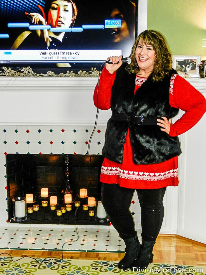 Cheers! Let's Celebrate the Holidays! - A Cozy Game Night In (Hailey is wearing the black sequin ponte leggings, red and white alpine tunic, and black faux fur gilet - all from Yours Clothing.) - DivineMrsDiva.com #YoursClothing #outfit #psootd #ootd #plussizefashion #plussizeholiday #gamenight #holidaydecor #Christmas #party 