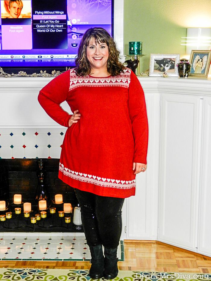 Cheers! Let's Celebrate the Holidays! - A Cozy Game Night In (Hailey is wearing the black sequin ponte leggings, red and white alpine tunic, and black faux fur gilet - all from Yours Clothing.) - DivineMrsDiva.com #YoursClothing #outfit #psootd #ootd #plussizefashion #plussizeholiday #gamenight #holidaydecor #Christmas #party  