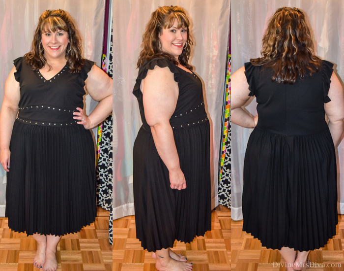 In today's post Hailey reviews dresses and bottoms from a variety of brands. (Eloquii Stud Detail Dress with Pleated Skirt). - DivineMrsDiva.com #Torrid #TorridInsider #LaneBryant #Eloquii #XOQ  #Catherines #HotTopic #psblogger #plussizeblogger #styleblogger #plussizefashion #plussize #plussizeclothing #fittingroom 