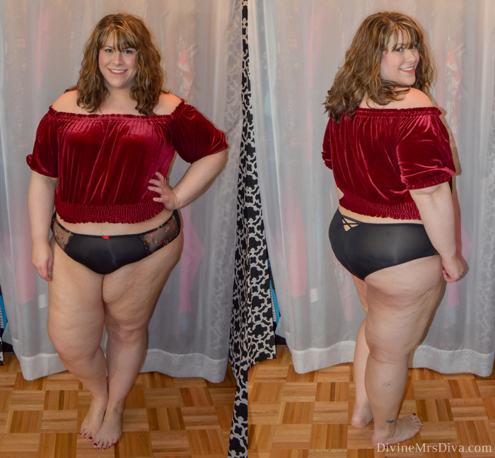 In today's post Hailey reviews lingerie, sleepwear, panties, bras, and activewear leggings.  Brands include Hips and Curves, Torrid, Rainbeau Curves, Lane Bryant, and Old Navy. (Hips and Curves Stretch Velvet Cropped Blouse & Lane Bryant Embroidered Mesh Cheeky Panty) - DivineMrsDiva.com #LaneBryant #Torrid #TorridInsider #HipsandCurves #oldnavy #oldnavyplus #rainbeaucurves #befullyyou #Ilovemyhipsandcurves #psblogger #plussizeblogger #styleblogger #plussizefashion #plussize #plussizeclothing #fittingroom