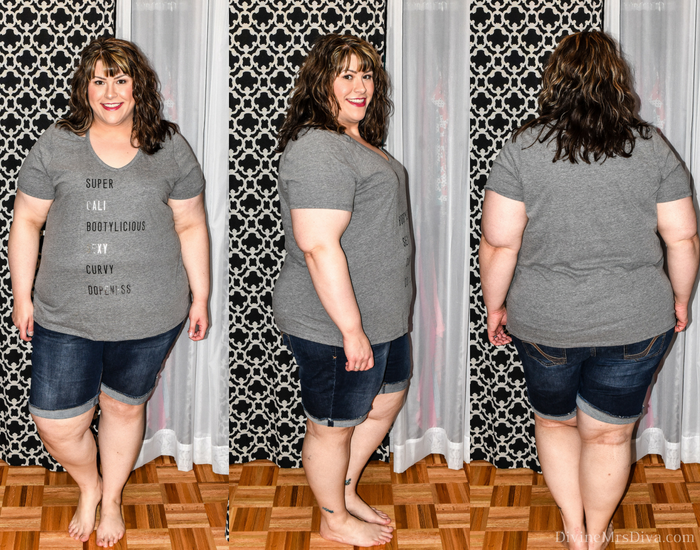In today's post Hailey reviews tops from brands Torrid, Lane Bryant, JCPenney, Maurices, and Old Navy. (Lane Bryant Bootylicious Graphic Tee) - DivineMrsDiva.com #LaneBryant #Torrid #TorridInsider #JCPenney #Xersion #SelfEsteem #oldnavy #oldnavyplus #maurices #psblogger #plussizeblogger #styleblogger #plussizefashion #plussize #plussizeclothing #fittingroom