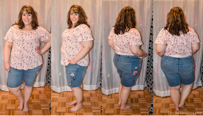 In today's post Hailey reviews dresses and bottoms from a variety of brands. (Lane Bryant Denim Bermuda Short - Printed Floral). - DivineMrsDiva.com #Torrid #TorridInsider #LaneBryant #Eloquii #XOQ  #Catherines #HotTopic #psblogger #plussizeblogger #styleblogger #plussizefashion #plussize #plussizeclothing #fittingroom 