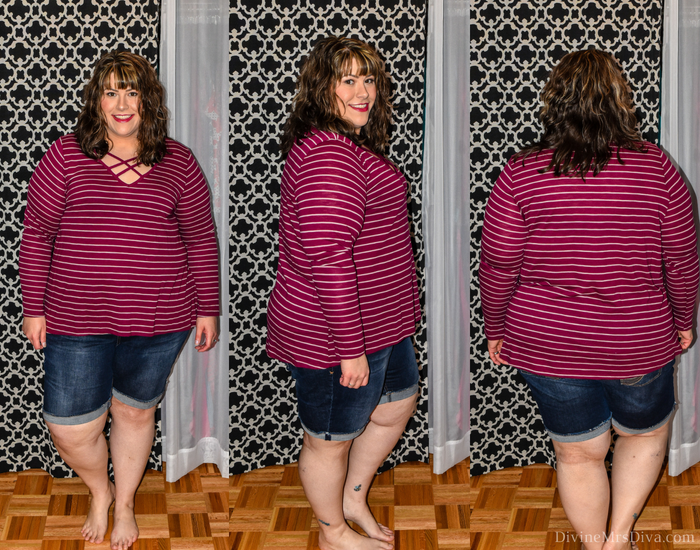 In today's post Hailey reviews tops from brands Torrid, Lane Bryant, JCPenney, Maurices, and Old Navy. (Lane Bryant Strappy V-Neck Tee) - DivineMrsDiva.com #LaneBryant #Torrid #TorridInsider #JCPenney #Xersion #SelfEsteem #oldnavy #oldnavyplus #maurices #psblogger #plussizeblogger #styleblogger #plussizefashion #plussize #plussizeclothing #fittingroom