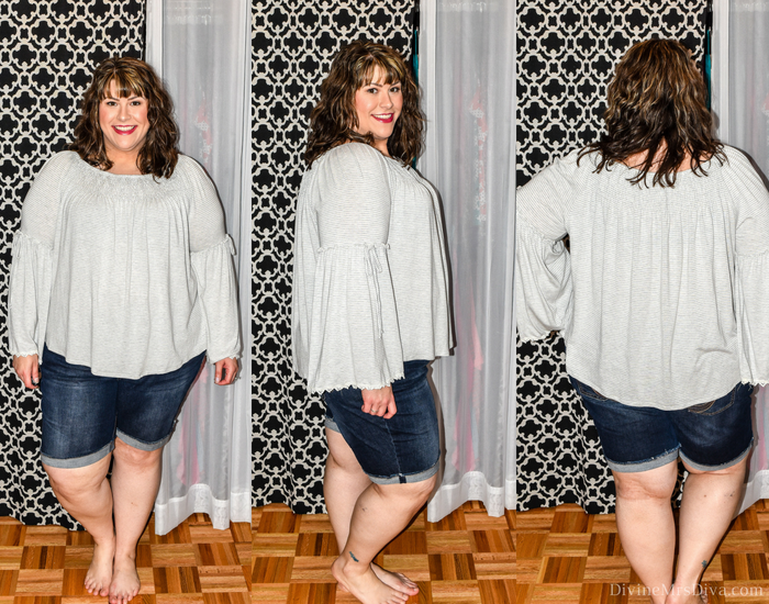 In today's post Hailey reviews tops from brands Torrid, Lane Bryant, JCPenney, Maurices, and Old Navy. (Maurices Striped Bell Sleeve Top) - DivineMrsDiva.com #LaneBryant #Torrid #TorridInsider #JCPenney #Xersion #SelfEsteem #oldnavy #oldnavyplus #maurices #psblogger #plussizeblogger #styleblogger #plussizefashion #plussize #plussizeclothing #fittingroom