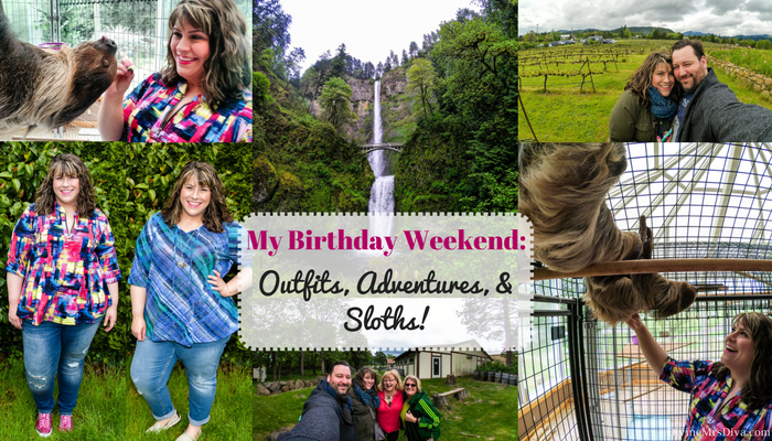In today's post, Hailey walks us through her eventful and exciting birthday weekend with a look at what she wore, where she ate, and other fun activities – puzzle-solving with Escapism Portland, meeting Sloths at ZWCC, wine tasting in Hood River, visiting Multnomah Falls, feeding the homeless with Outlandia, and Portland Saturday Market. - DivineMrsDiva.com  #psblogger #plussizeblogger #styleblogger #plussizefashion #plussize #psootd #ootd #plussizeclothing #outfit #style #avenue #avaandviv #teespring #outlander #outlandia #portland #pdx #multnomahfalls #hoodriver #cathedralridgewinery #zwcc #escapismportland