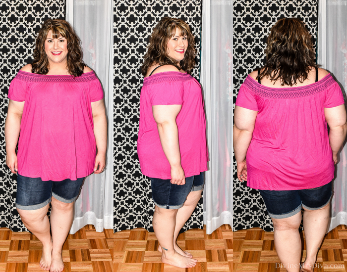 In today's post Hailey reviews tops from brands Torrid, Lane Bryant, JCPenney, Maurices, and Old Navy. (Old Navy Off-The-Shoulder Swing Top) - DivineMrsDiva.com #LaneBryant #Torrid #TorridInsider #JCPenney #Xersion #SelfEsteem #oldnavy #oldnavyplus #maurices #psblogger #plussizeblogger #styleblogger #plussizefashion #plussize #plussizeclothing #fittingroom