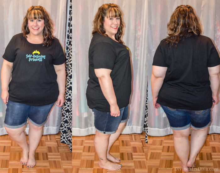 In her latest At Home Fitting Room post, Hailey reviews tops from Torrid, ThinkGeek, Her Universe, Lane Bryant, Catherines, Kohl’s, Weebox, and Custom Ink. (ThinkGeek Self-Rescuing Princess Tee) - DivineMrsDiva.com #LaneBryant #Torrid #TorridInsider #ThinkGeek #HerUniverse #Catherines #Kohls #Weebox #Customink #Curvychiccloset #psblogger #plussizeblogger #styleblogger #plussizecasual #plussize #fittingroom  