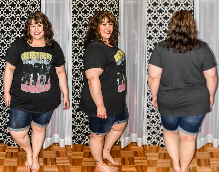 In today's post Hailey reviews tops from brands Torrid, Lane Bryant, JCPenney, Maurices, and Old Navy. (Torrid Backstreet Boys Crew Neck Tee) - DivineMrsDiva.com #LaneBryant #Torrid #TorridInsider #JCPenney #Xersion #SelfEsteem #oldnavy #oldnavyplus #maurices #psblogger #plussizeblogger #styleblogger #plussizefashion #plussize #plussizeclothing #fittingroom