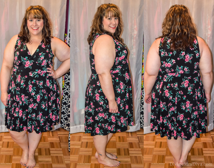 In today's post Hailey reviews dresses and bottoms from a variety of brands. (Torrid Black Floral Jersey Knit Skater Dress ). - DivineMrsDiva.com #Torrid #TorridInsider #LaneBryant #Eloquii #XOQ  #Catherines #HotTopic #psblogger #plussizeblogger #styleblogger #plussizefashion #plussize #plussizeclothing #fittingroom 