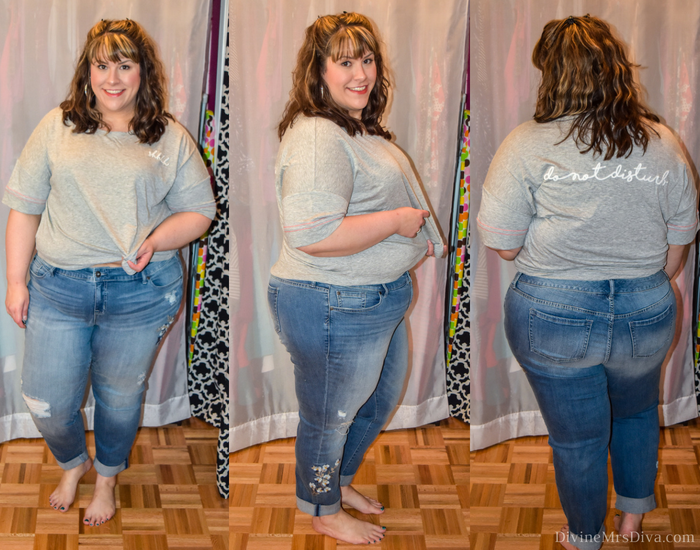 In today's post Hailey reviews dresses and bottoms from a variety of brands. (Torrid Floral Embroidered Boyfriend Jean - Distressed Light Wash). - DivineMrsDiva.com #Torrid #TorridInsider #LaneBryant #Eloquii #XOQ  #Catherines #HotTopic #psblogger #plussizeblogger #styleblogger #plussizefashion #plussize #plussizeclothing #fittingroom 