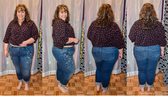 In today's post Hailey reviews dresses and bottoms from a variety of brands. (Torrid Vintage Premium Boyfriend Jeans - Dark Wash with Beaded Embellishments). - DivineMrsDiva.com #Torrid #TorridInsider #LaneBryant #Eloquii #XOQ  #Catherines #HotTopic #psblogger #plussizeblogger #styleblogger #plussizefashion #plussize #plussizeclothing #fittingroom 