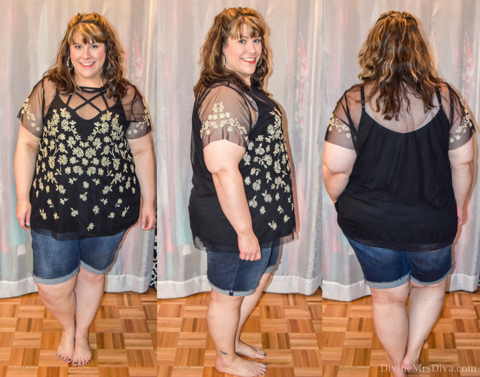 In her latest At Home Fitting Room post, Hailey reviews tops from Torrid, ThinkGeek, Her Universe, Lane Bryant, Catherines, Kohl’s, Weebox, and Custom Ink. (Torrid Embroidered Mesh Tee) - DivineMrsDiva.com #LaneBryant #Torrid #TorridInsider #ThinkGeek #HerUniverse #Catherines #Kohls #Weebox #Customink #Curvychiccloset #psblogger #plussizeblogger #styleblogger #plussizecasual #plussize #fittingroom  