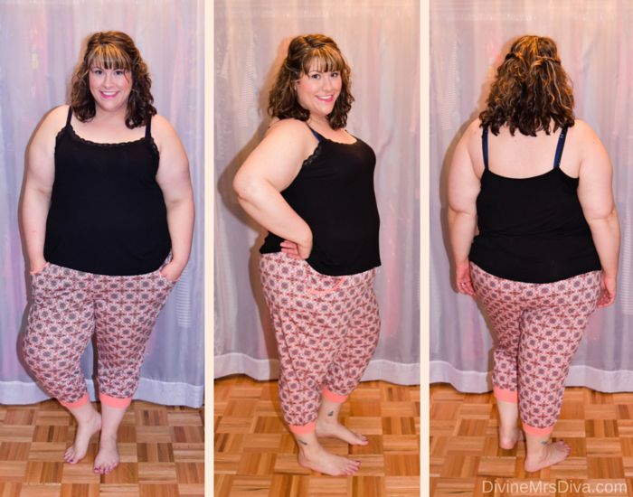 In today's reader requested post, Hailey talks review and fit of pajamas, activewear, swimwear, lingerie, and panties from her own wardrobe. (Hips and Curves Soft and Comfy Lace Trim Camisole and Lane Bryant Cropped Jogger Sleep Pant) - DivineMrsDiva.com #LaneBryant #Torrid #TorridInsider #OldNavy #HipsandCurves #fittingroom #plussizefittingroom #psblogger #plussizeblogger #styleblogger #plussizefashion #plussize #psootd #activewear #pajamas #swimwear #lingerie #panties #plussizecasual