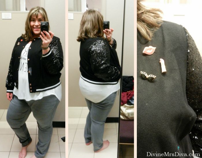 Hailey's trying on styles from JCPenney's Boutique+ and Ashley Nell Tipton collections (Boutique+ Ashley Nell Tipton Sequin-Sleeve Bomber Jacket). - DivineMrsDiva.com #JCpenney #Boutique+ #AshleyNellTipton #fittingroom #plussizefittingroom #psblogger #plussizeblogger #styleblogger #plussizefashion #plussize #psootd #fall #style #plussizecasual