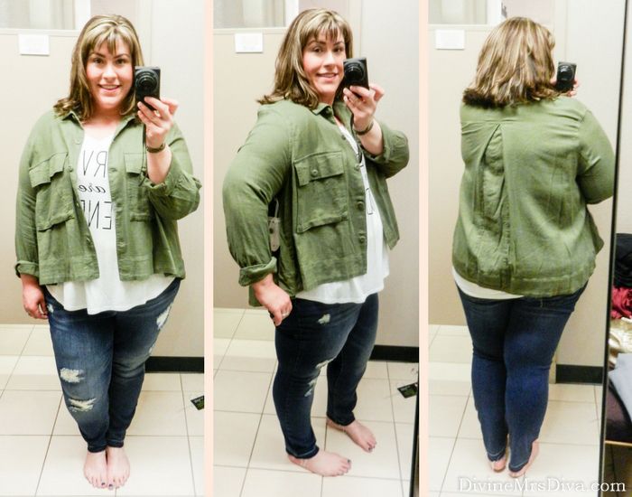 Hailey's trying on styles from JCPenney's Boutique+ and Ashley Nell Tipton collections (Boutique+ Military Swing Jacket). - DivineMrsDiva.com #JCpenney #Boutique+ #AshleyNellTipton #fittingroom #plussizefittingroom #psblogger #plussizeblogger #styleblogger #plussizefashion #plussize #psootd #fall #style #plussizecasual