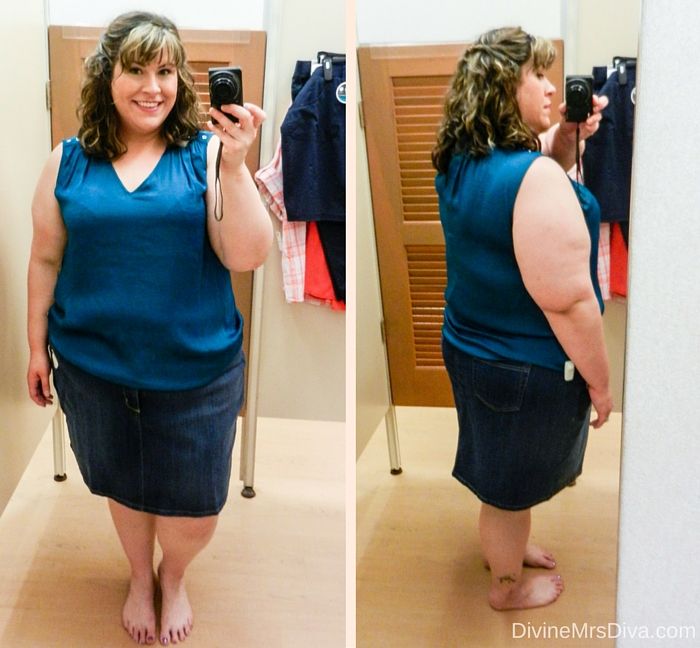 Hailey's trying on styles from Kohl's today on the blog. (Jennifer Lopez Grommet Satin Top) - DivineMrsDiva.com #Kohls #fittingroom #plussizefittingroom #psblogger #plussizeblogger #styleblogger #plussizefashion #plussize #psootd #SpringStyle #SummerStyle #plussizecasual