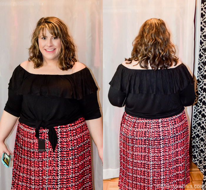 In today's post Hailey reviews a variety of clothing from recent purchases.  Brands include Kiyonna, Lane Bryant, Torrid, and Hips and Curves. (Kiyonna Kelsey Flounce Top in Black Noir) - DivineMrsDiva.com #Kiyonna #LaneBryant #Torrid #TorridInsider #Hipsandcurves #psblogger #plussizeblogger #styleblogger #plussizefashion #plussize #plussizeclothing #fittingroom