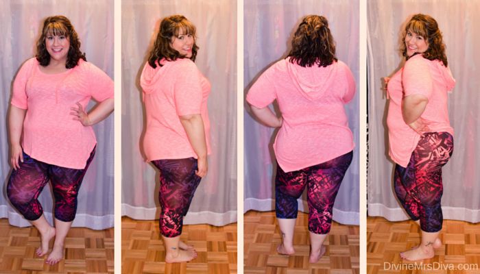 In today's reader requested post, Hailey talks review and fit of pajamas, activewear, swimwear, lingerie, and panties from her own wardrobe. (Lane Bryant Livi Active Asymmetric Hooded Top and Old Navy High-Rise Go-Dry Compression Capris) - DivineMrsDiva.com #LaneBryant #Torrid #TorridInsider #OldNavy #HipsandCurves #fittingroom #plussizefittingroom #psblogger #plussizeblogger #styleblogger #plussizefashion #plussize #psootd #activewear #pajamas #swimwear #lingerie #panties #plussizecasual