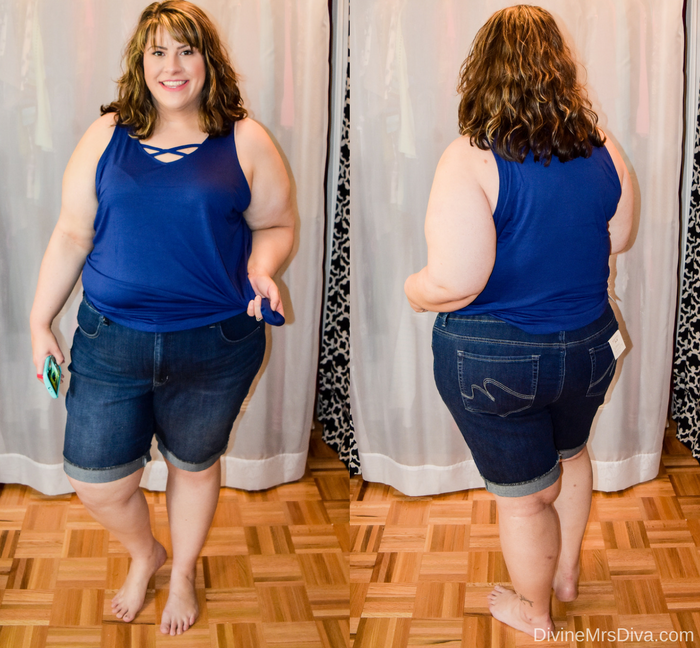 In today's post Hailey reviews a variety of clothing from recent purchases.  Brands include Kiyonna, Lane Bryant, Torrid, and Hips and Curves. (Lane Bryant Roll Cuff Denim Bermuda Short by Melissa McCarthy Seven7) - DivineMrsDiva.com #Kiyonna #LaneBryant #Torrid #TorridInsider #Hipsandcurves #psblogger #plussizeblogger #styleblogger #plussizefashion #plussize #plussizeclothing #fittingroom