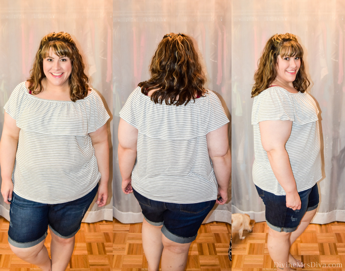 In today's post Hailey reviews a variety of clothing from recent purchases.  Brands include Lane Bryant, Torrid, City Chic, Eloquii, Hips and Curves, ModCloth, Loralette, Zulily. (Lane Bryant Striped Off-The-Shoulder Tee) - DivineMrsDiva.com #LaneBryant #LaneBryantStyle #Torrid #TorridInsider #CityChic #Eloquii #XOQ  #HipsandCurves #Modcloth #Loralette  #Zulily #psblogger #plussizeblogger #styleblogger #plussizefashion #plussize #plussizeclothing #fittingroom