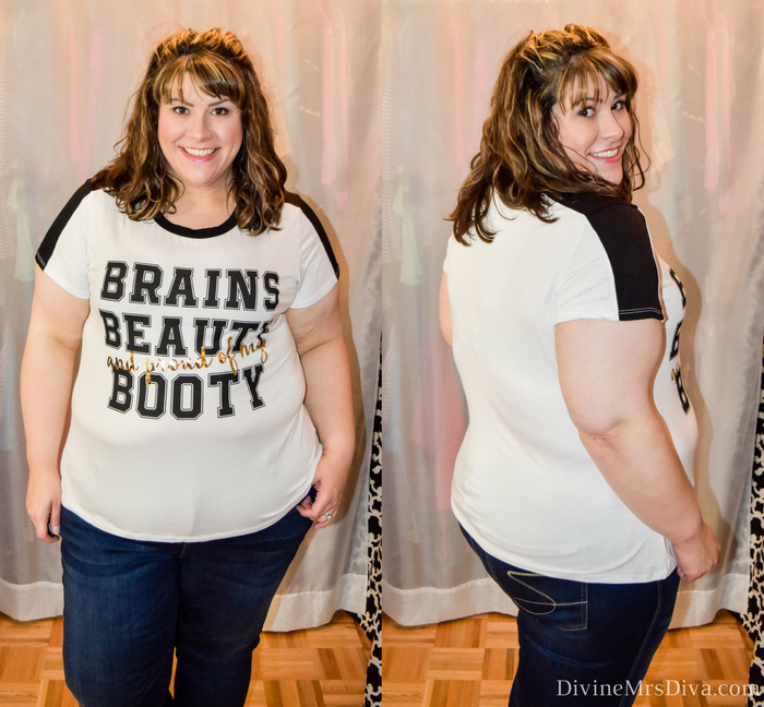 In today's post Hailey reviews a variety of clothing from recent purchases.  Brands include Lane Bryant, Torrid, City Chic, Eloquii, Hips and Curves, ModCloth, Loralette, Zulily. (Loralette Brains Beauty Booty Tee) - DivineMrsDiva.com #LaneBryant #LaneBryantStyle #Torrid #TorridInsider #CityChic #Eloquii #XOQ  #HipsandCurves #Modcloth #Loralette  #Zulily #psblogger #plussizeblogger #styleblogger #plussizefashion #plussize #plussizeclothing #fittingroom