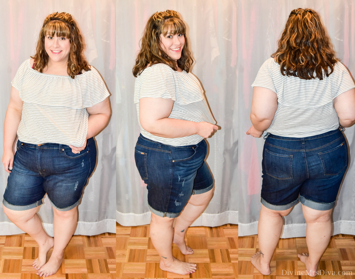In today's post Hailey reviews a variety of shorts and jeans from the Melissa McCarthy Seven7 brand.  (Bermuda Cuffed Frayed Short in Jasper) - DivineMrsDiva.com #LaneBryant #LaneBryantStyle #MelissaMcCarthy #MelissaMcCarthySeven7 #psblogger #plussizeblogger #styleblogger #plussizefashion #plussize #plussizeclothing #fittingroom