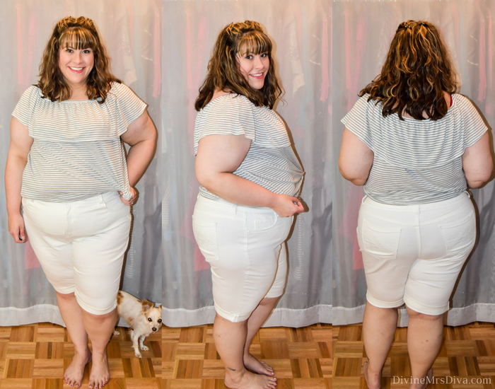 In today's post Hailey reviews a variety of shorts and jeans from the Melissa McCarthy Seven7 brand.  (Rolled Bermuda Short in Blanca White) - DivineMrsDiva.com #LaneBryant #LaneBryantStyle #MelissaMcCarthy #MelissaMcCarthySeven7 #psblogger #plussizeblogger #styleblogger #plussizefashion #plussize #plussizeclothing #fittingroom