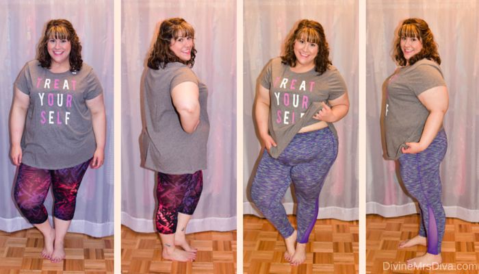 In today's reader requested post, Hailey talks review and fit of pajamas, activewear, swimwear, lingerie, and panties from her own wardrobe. (Old Navy Graphic Plus-Size Tee and Lane Bryant Wicking Space Dye Active Legging) - DivineMrsDiva.com #LaneBryant #Torrid #TorridInsider #OldNavy #HipsandCurves #fittingroom #plussizefittingroom #psblogger #plussizeblogger #styleblogger #plussizefashion #plussize #psootd #activewear #pajamas #swimwear #lingerie #panties #plussizecasual