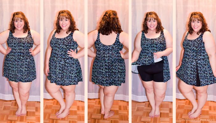 In today's reader requested post, Hailey talks review and fit of pajamas, activewear, swimwear, lingerie, and panties from her own wardrobe. (Swimsuits For All Swim 365 Blue Geo A-Line Swimdress) - DivineMrsDiva.com #LaneBryant #Torrid #TorridInsider #OldNavy #HipsandCurves #fittingroom #plussizefittingroom #psblogger #plussizeblogger #styleblogger #plussizefashion #plussize #psootd #activewear #pajamas #swimwear #lingerie #panties #plussizecasual