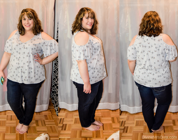 In today's post Hailey reviews a variety of clothing from recent purchases.  Brands include Kiyonna, Lane Bryant, Torrid, and Hips and Curves. (Torrid Bird Print Cold Shoulder Top) - DivineMrsDiva.com #Kiyonna #LaneBryant #Torrid #TorridInsider #Hipsandcurves #psblogger #plussizeblogger #styleblogger #plussizefashion #plussize #plussizeclothing #fittingroom