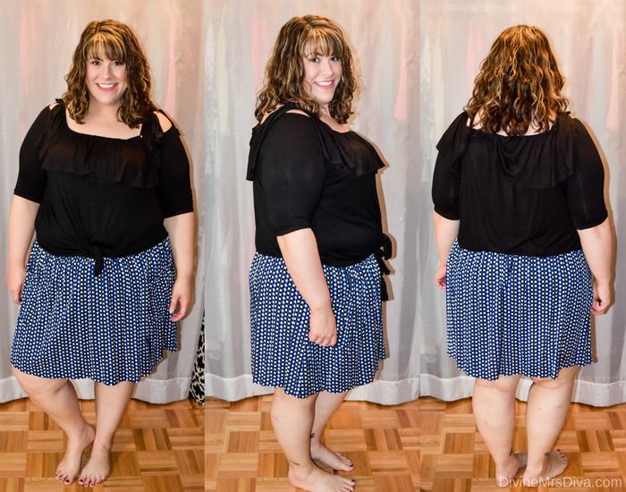 In today's post Hailey reviews a variety of clothing from recent purchases.  Brands include Kiyonna, Lane Bryant, Torrid, and Hips and Curves. (Torrid Multi Print Pull On Flounce Mini Skirt) - DivineMrsDiva.com #Kiyonna #LaneBryant #Torrid #TorridInsider #Hipsandcurves #psblogger #plussizeblogger #styleblogger #plussizefashion #plussize #plussizeclothing #fittingroom