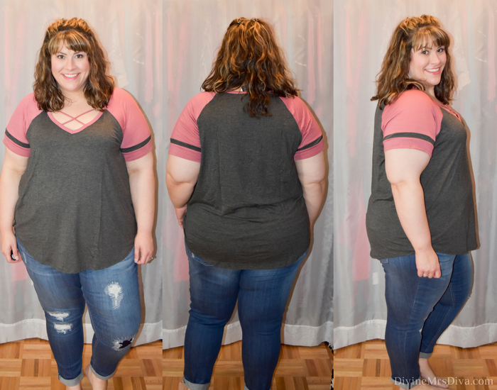 In today's post Hailey reviews a variety of clothing from recent purchases.  Brands include Lane Bryant, Torrid, City Chic, Eloquii, Hips and Curves, ModCloth, Loralette, Zulily. (Torrid Strappy Football Tee) - DivineMrsDiva.com #LaneBryant #LaneBryantStyle #Torrid #TorridInsider #CityChic #Eloquii #XOQ  #HipsandCurves #Modcloth #Loralette  #Zulily #psblogger #plussizeblogger #styleblogger #plussizefashion #plussize #plussizeclothing #fittingroom
