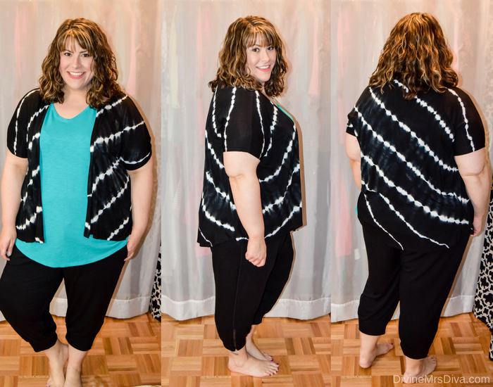 In today's post Hailey reviews a variety of clothing from recent purchases.  Brands include Kiyonna, Lane Bryant, Torrid, and Hips and Curves.  (Torrid Tie Dye Open Front Cardigan) - DivineMrsDiva.com #Kiyonna #LaneBryant #Torrid #TorridInsider #Hipsandcurves #psblogger #plussizeblogger #styleblogger #plussizefashion #plussize #plussizeclothing #fittingroom