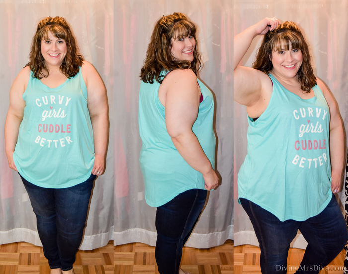 In today's post Hailey reviews a variety of clothing from recent purchases.  Brands include Lane Bryant, Torrid, City Chic, Eloquii, Hips and Curves, ModCloth, Loralette, Zulily. (Zulily LC Trendz Plus 'Curvy Girls Cuddle Better' Tank) - DivineMrsDiva.com #LaneBryant #LaneBryantStyle #Torrid #TorridInsider #CityChic #Eloquii #XOQ  #HipsandCurves #Modcloth #Loralette  #Zulily #psblogger #plussizeblogger #styleblogger #plussizefashion #plussize #plussizeclothing #fittingroom