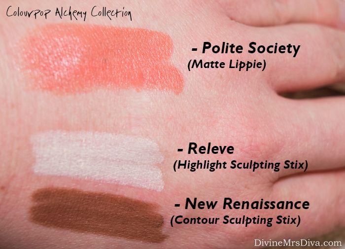  Colourpop Haul: Swatches and thoughts on the Jamie King Alchemy Collection, brow pencils, and more! (Polite Society Lippie Stix and Releve and New Renaissance Sculpting Stix) - DivineMrsDiva.com #makeupjunkie #makeup #colourpop #colourpopswatches #cremegelliners #swatches #colourpopliners #swatch #beauty #jamiekingalchemy #browpencils #ColourpopBrowPencils #Eyeshadow #blush #highlighter #contour