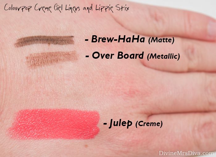 Colourpop Haul: Swatches and thoughts on the Jamie King Alchemy Collection, brow pencils, and more! (Julep Lippie Stix and Over Board and Brew-Haha Creme Gel Liners) - DivineMrsDiva.com #makeupjunkie #makeup #colourpop #colourpopswatches #cremegelliners #swatches #colourpopliners #swatch #beauty #jamiekingalchemy #browpencils #ColourpopBrowPencils #Eyeshadow #blush #highlighter #contour