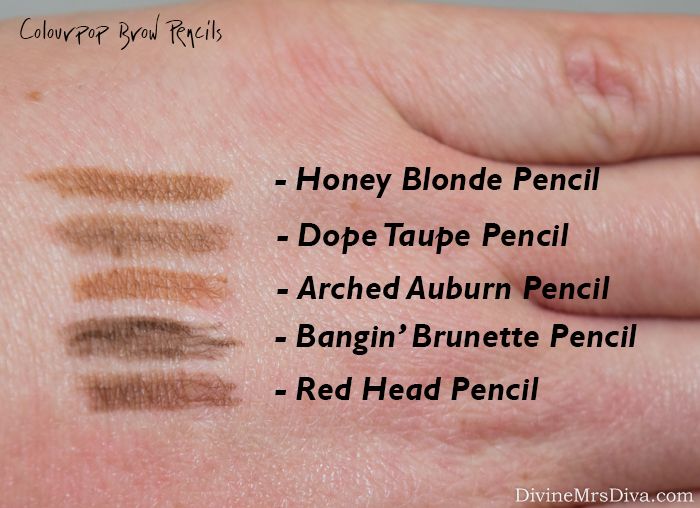  Colourpop Haul: Swatches and thoughts on the Jamie King Alchemy Collection, brow pencils, and more! (ColourPop Brow Pencils: Honey Blonde, Dope Taupe, Arched Auburn, Bangin' Brunette, Red Head) - DivineMrsDiva.com #makeupjunkie #makeup #colourpop #colourpopswatches #cremegelliners #swatches #colourpopliners #swatch #beauty #jamiekingalchemy #browpencils #ColourpopBrowPencils #Eyeshadow #blush #highlighter #contour