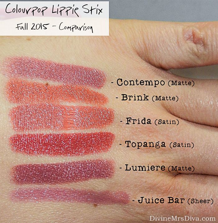 Colourpop Lippie Stix Swatches Comparison (Contempo, Brink, Frida, Topanga, Lumiere, Juice Bar) - DivineMrsDiva.com #makeupjunkie #makeup #colourpop #colourpopswatches #lippiestix #swatches #fall2015