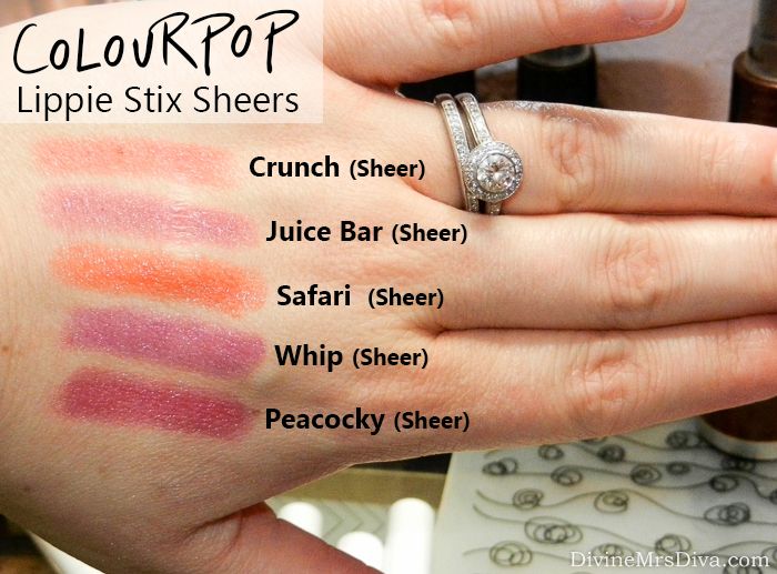 Colourpop Lippie Stix Sheers Swatches: Crunch, Juice Bar, Safari, Whip, Peacocky - DivineMrsDiva.com #Colourpop #LippieStixSheer #Makeup #Beauty #Swatch