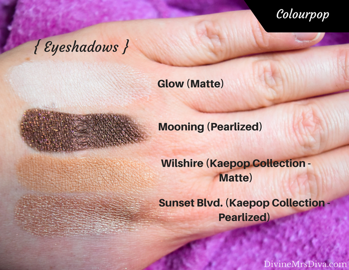 Colourpop Swatchfest: Swatches from Spring, Summer, Fall, and Holiday 2016 collection purchases, as well as regular products and colors, Kathleen Lights Collection, and Kaepop Collection. (Kathleen Lights Collection eyeshadow in Glow, eyeshadow in Mooning, and Kaepop Collection eyeshadows in Wilshire and Sunset Blvd.) - DivineMrsDiva.com #makeupjunkie #makeup #colourpop #colourpopswatches #swatches #swatch #beauty