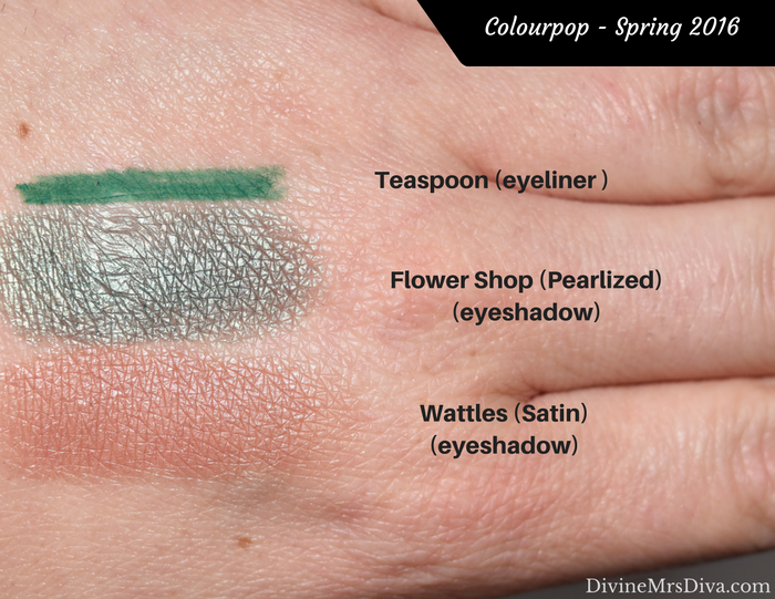 Colourpop Swatchfest: Swatches from Spring, Summer, Fall, and Holiday 2016 collection purchases, as well as regular products and colors, Kathleen Lights Collection, and Kaepop Collection. (Eyeliner in Teaspoon, eyeshadows in Flower Shop and Wattles) - DivineMrsDiva.com #makeupjunkie #makeup #colourpop #colourpopswatches #swatches #swatch #beauty