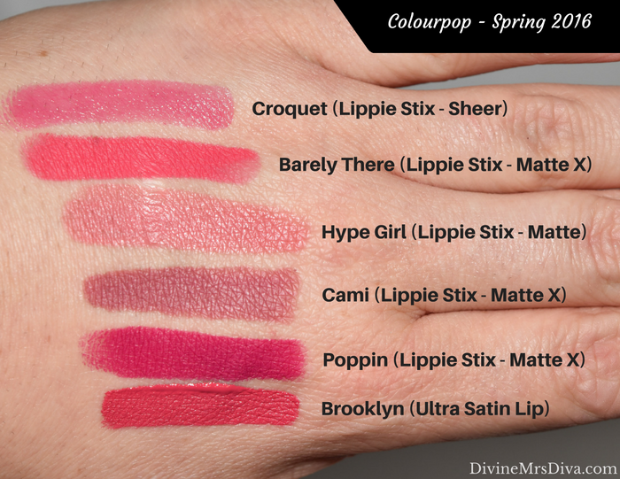 Colourpop Swatchfest: Swatches from Spring, Summer, Fall, and Holiday 2016 collection purchases, as well as regular products and colors, Kathleen Lights Collection, and Kaepop Collection. (Lippie Stix in Croquet, Barely There, Hype Girl, Cami, Poppin, and Ultra Satin Lip in Brooklyn) - DivineMrsDiva.com #makeupjunkie #makeup #colourpop #colourpopswatches #swatches #swatch #beauty